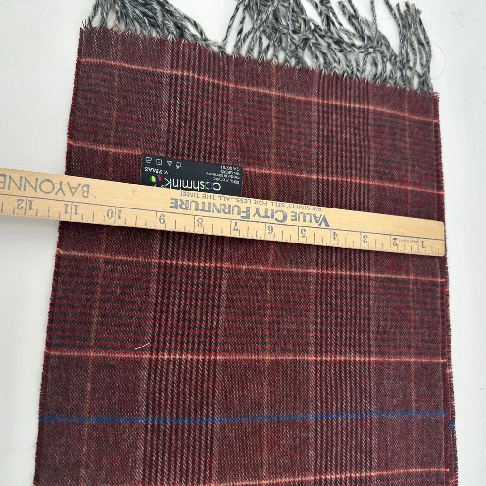 V. Fraas Cashmink Scarf Burgundy Plaid Made in Germany Soft Acrylic Fringe‎ 1140